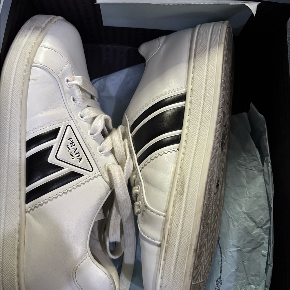 Prada Men's White Sneakers with Black Stripes